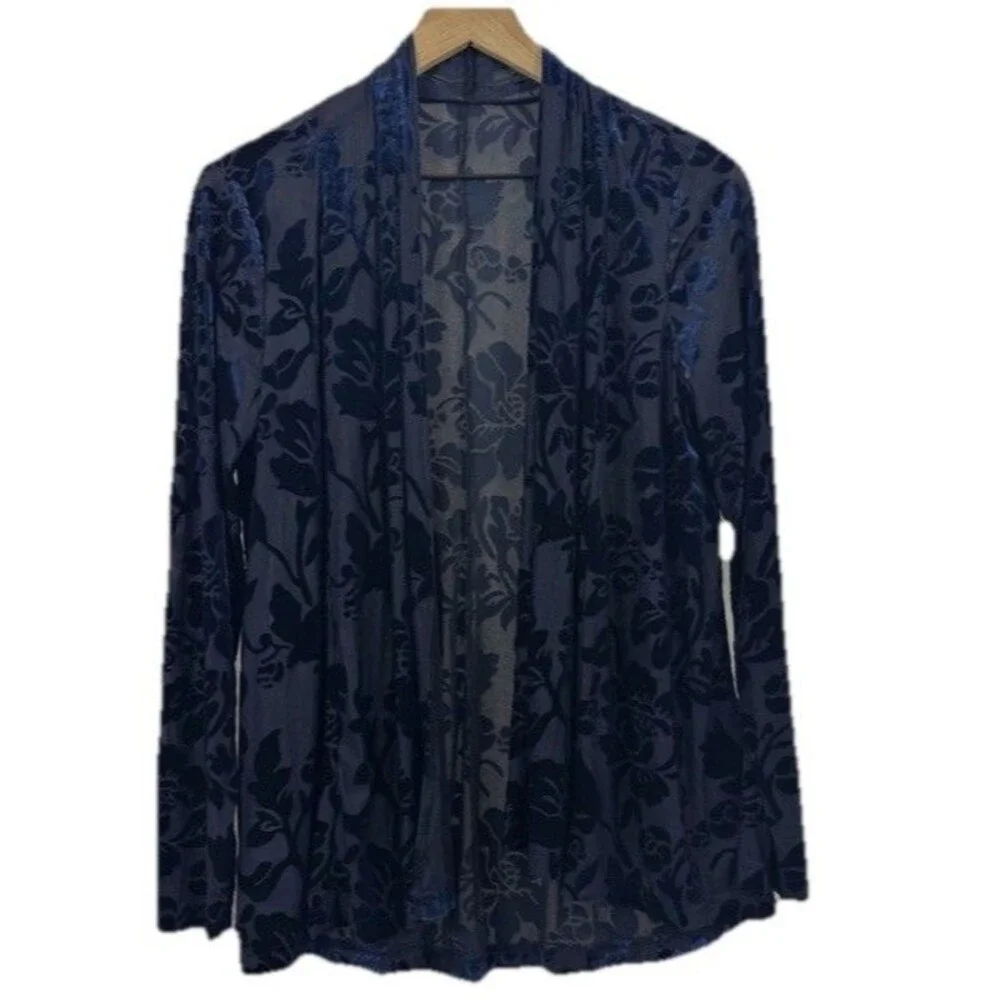 Blue Burnout Velvet Floral Open Cardigan Whimsigoth Dark Romantic Oversized